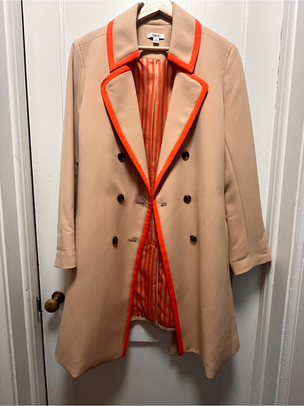 Bar III Beige Trench Coat with Orange Trim - Picture 3 of 7
